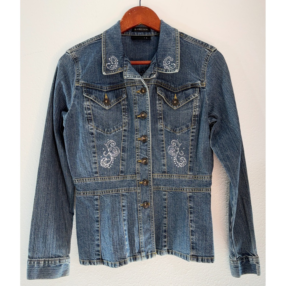 Vintage Y2K Axcess Liz Claiborne Rhinestone Denim Jacket Fitted Grunge Street